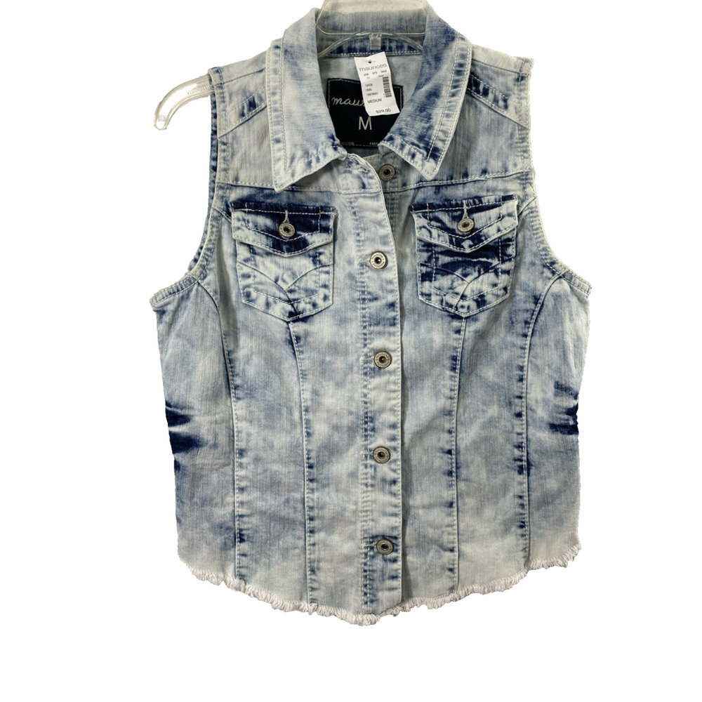 Maurices Jean Vest Womens Medium Acid Wash Denim Button Up Collared Raw Hem NWT